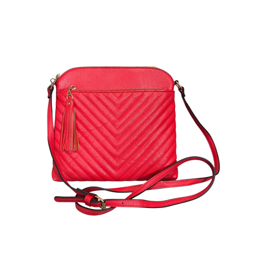 Red Chevron Quilted Crossbody Bag Tassel Animal Print Lining Gold Hardware